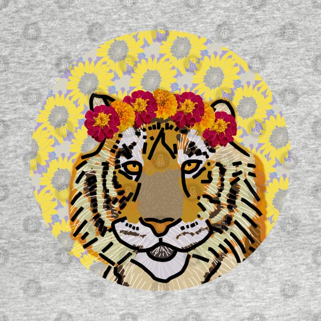 Marigold Floral Tiger Portrait by ellenhenryart